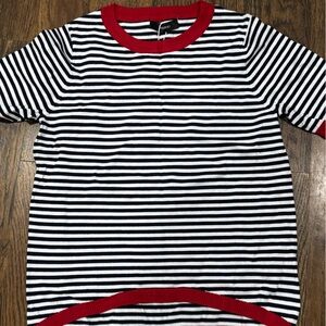 Striped Dokotoo Navy & White Crewneck Sweater with Red Trim